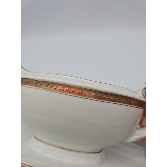 Rorstrand Sweden Porcelain Gravy Boat w/plate Fine China White & Gold Trim #622 - Picture 9 of 10